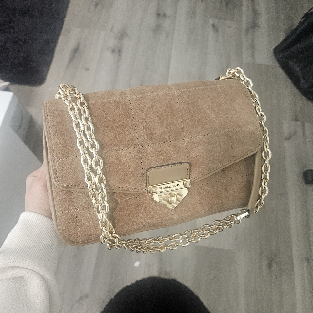 Michael Kors SoHo Large Quilted Suede Shoulder Bag Husk Natural Brown